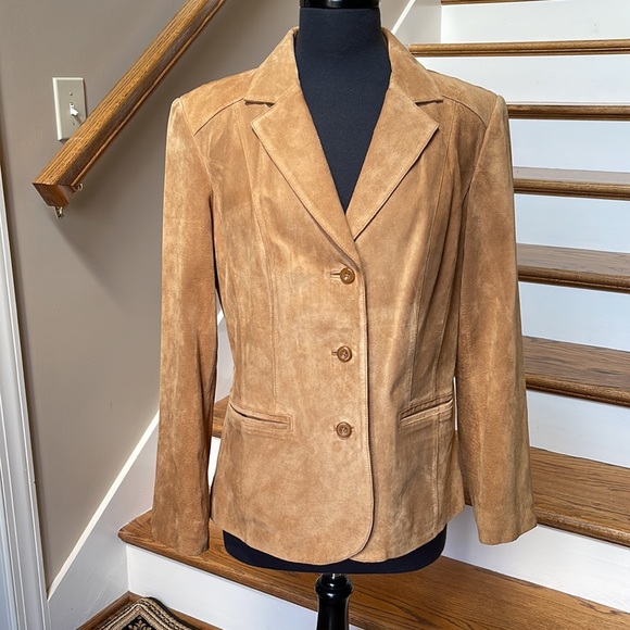 VINTAGE LARGE PRESTON & YORK GENUINE LEATHER SUEDE TAN/ GOLD DRESS JACKET - Picture 2 of 15